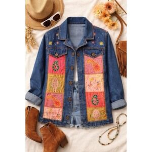 Vintage Patchwork Denim Jacket NWT Women S Boho Embroidered Hippie Y2K Festival